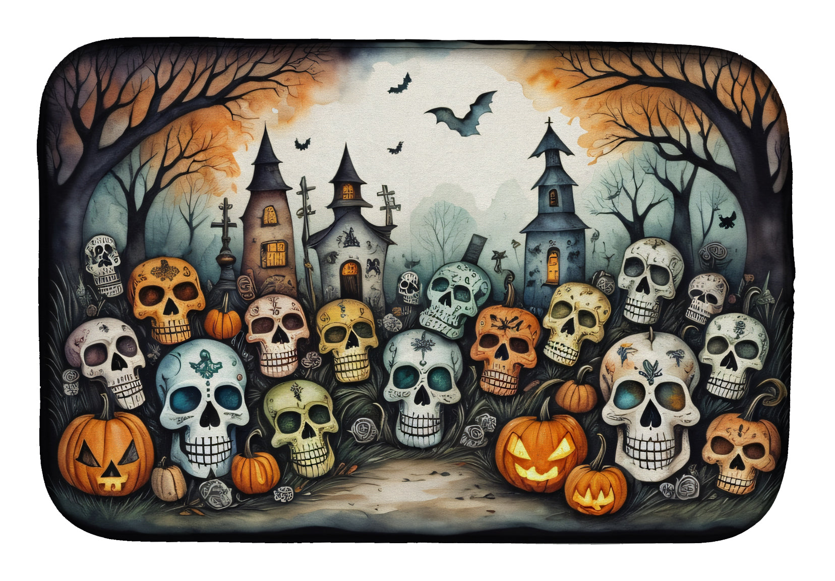 Calaveras Sugar Skulls Spooky Halloween Dish Drying Mat Absorbent Dish Drying Mat Pad for Kitchen Counter Dish Drainer Mat for Countertop, 14 x 21", Multicolor