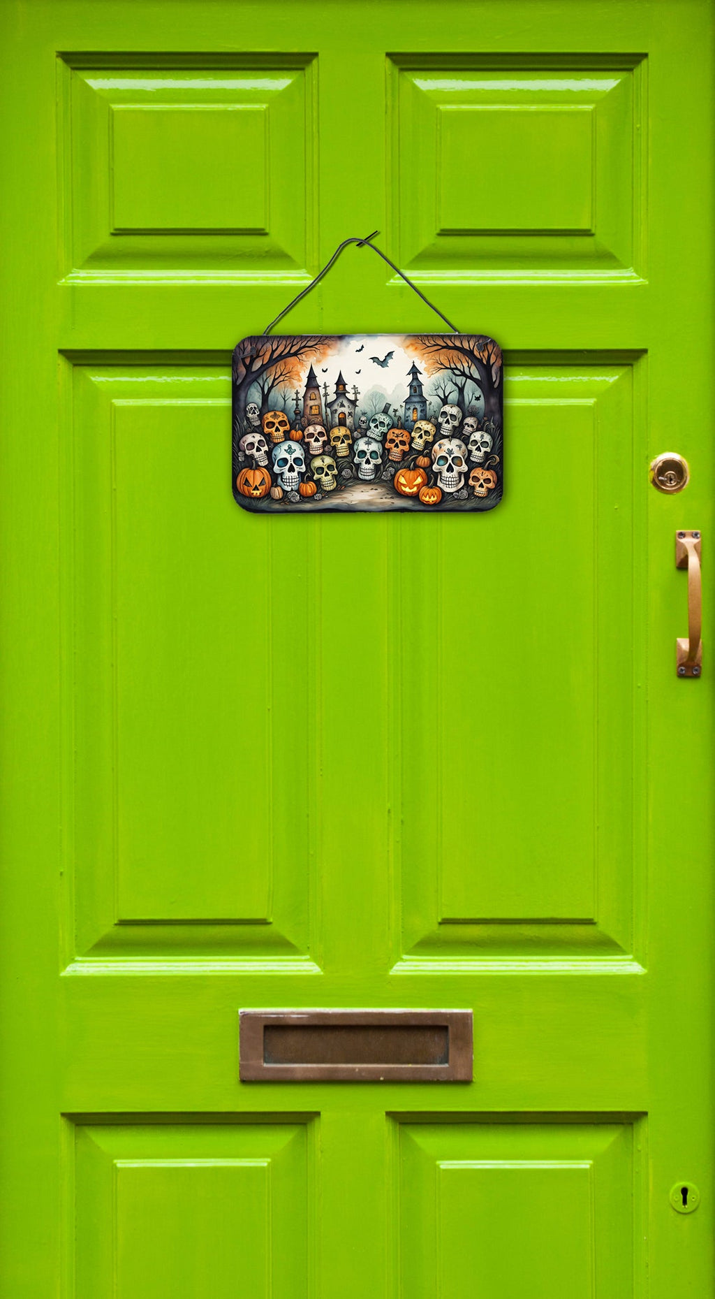 Calaveras Sugar Skulls Spooky Halloween Wall or Door Hanging Prints Aluminum Metal Sign Kitchen Wall Bar Bathroom Plaque Home Decor, 8HX12W, Multicolor