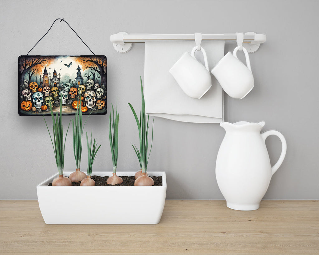 Calaveras Sugar Skulls Spooky Halloween Wall or Door Hanging Prints Aluminum Metal Sign Kitchen Wall Bar Bathroom Plaque Home Decor, 8HX12W, Multicolor