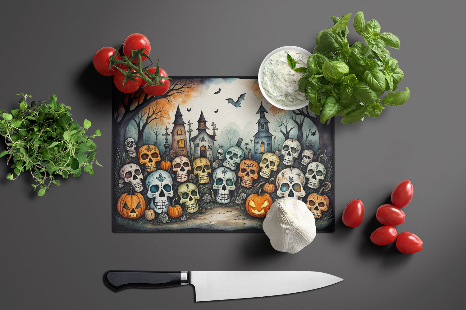 Calaveras Sugar Skulls Spooky Halloween Cutting Board Tempered Glass Kitchen Cutting Surface, Heat Resistant Chopping, Non-Slip Feet, Food Prep & Serving