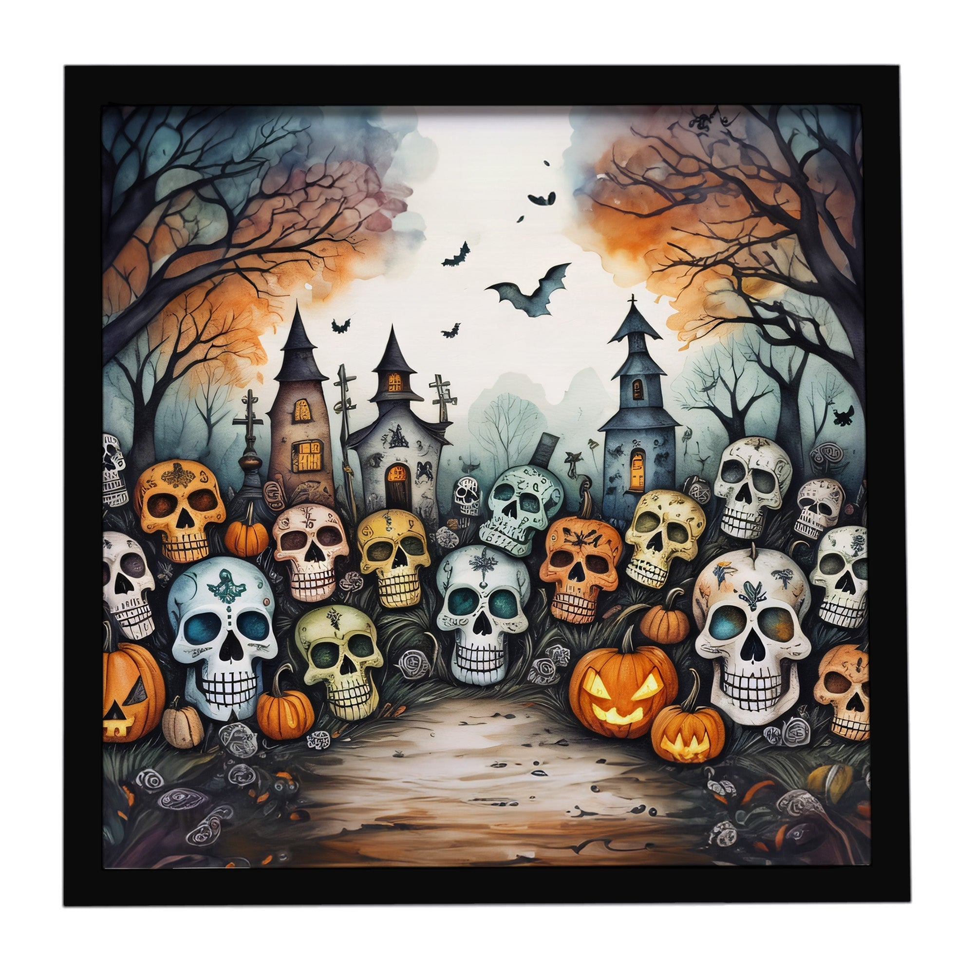 Calaveras Sugar Skulls Spooky Halloween Framed Metal Print Bathroom, Kitchen, Office, Home Decor Wall Art Ready to Hang, Square, 8X8