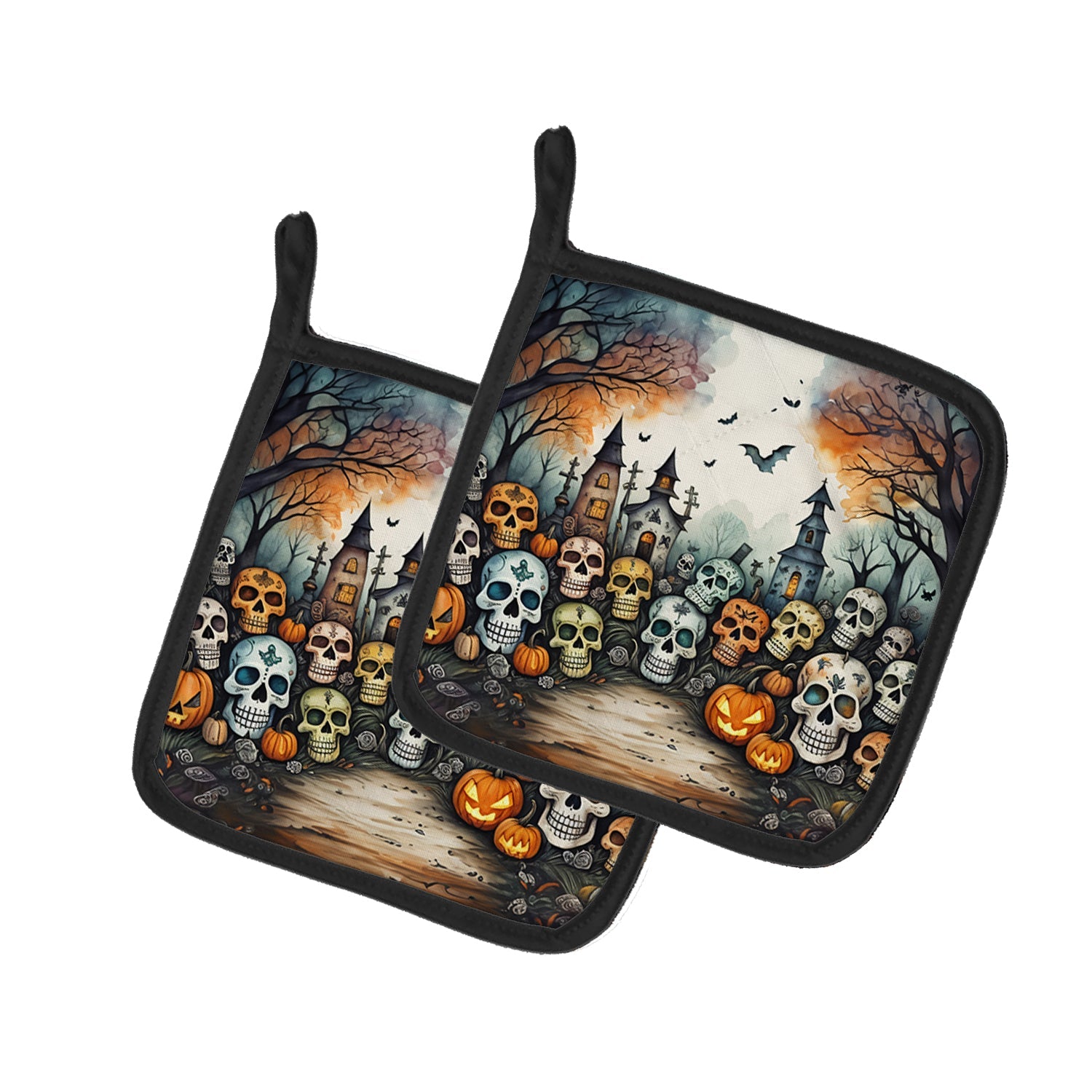 Calaveras Sugar Skulls Spooky Halloween Pot Holder Set of 2 Heat Resistant Quilted Hot Pads 7.5 x 7.5 Inch, Insulated Kitchen Trivets for Cooking & Baking
