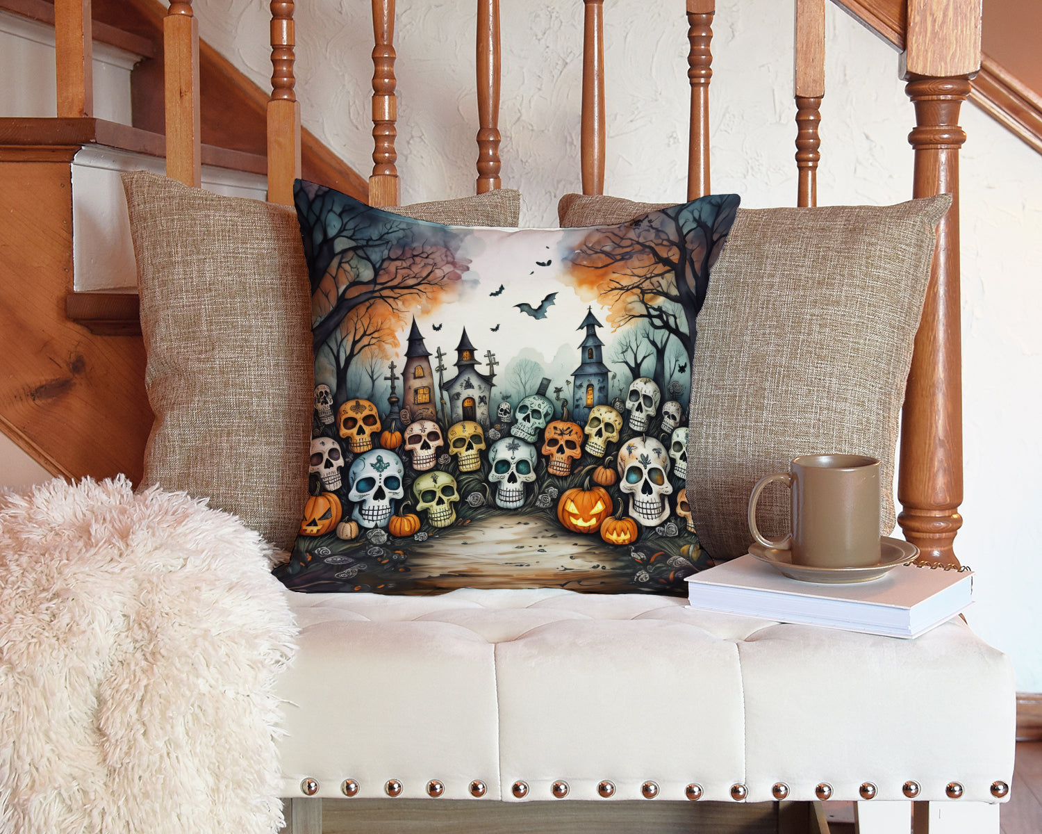 Calaveras Sugar Skulls Spooky Halloween Decorative Throw Pillow 14x14 Indoor Outdoor Accent Cushion, Fabric Cover with Insert for Sofa, Bed, Porch & Living Room