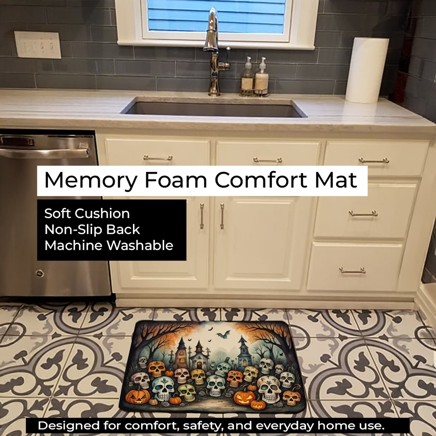 Calaveras Sugar Skulls Spooky Halloween Memory Foam Kitchen Mat Machine Washable Anti-Fatigue Cushion Comfort Bath or Kitchen Rug