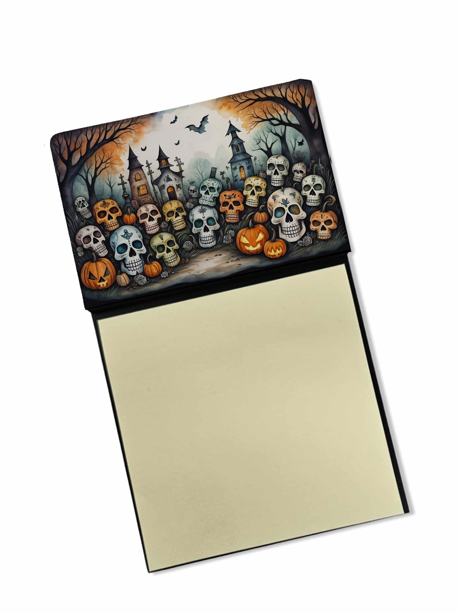 Calaveras Sugar Skulls Spooky Halloween Watercolor Sticky Note Holder Refillable Dispenser Desk Accessory 3x3 Pad Gift