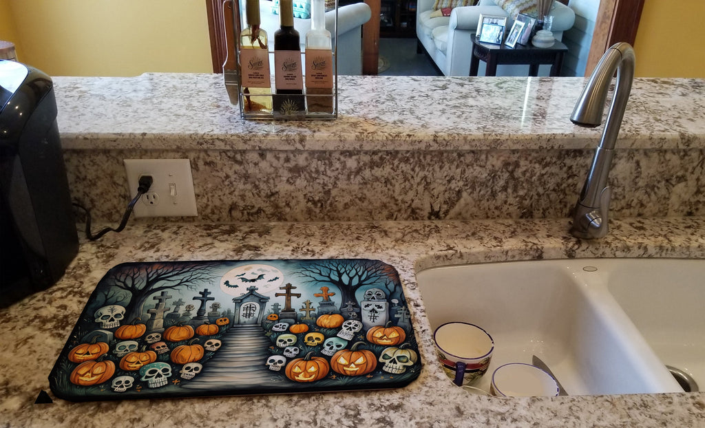 Calaveras Sugar Skulls Spooky Halloween Dish Drying Mat Absorbent Dish Drying Mat Pad for Kitchen Counter Dish Drainer Mat for Countertop, 14 x 21", Multicolor