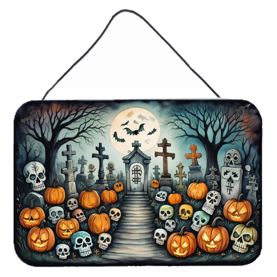 Calaveras Sugar Skulls Spooky Halloween Wall or Door Hanging Prints Aluminum Metal Sign Kitchen Wall Bar Bathroom Plaque Home Decor, 8HX12W, Multicolor