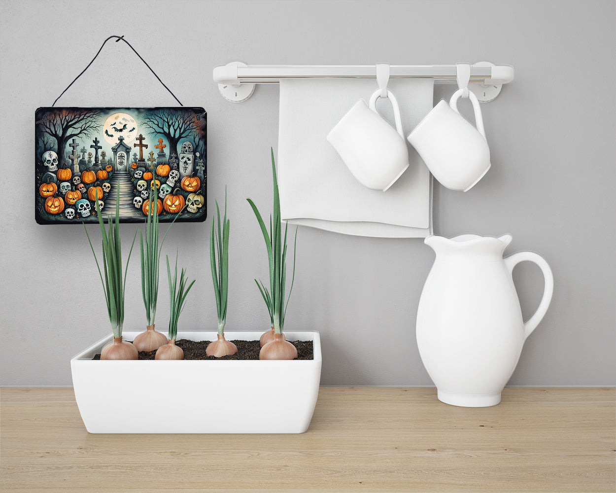 Calaveras Sugar Skulls Spooky Halloween Wall or Door Hanging Prints Aluminum Metal Sign Kitchen Wall Bar Bathroom Plaque Home Decor, 8HX12W, Multicolor