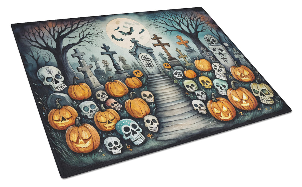 Calaveras Sugar Skulls Spooky Halloween Cutting Board Tempered Glass Kitchen Cutting Surface, Heat Resistant Chopping, Non-Slip Feet, Food Prep & Serving