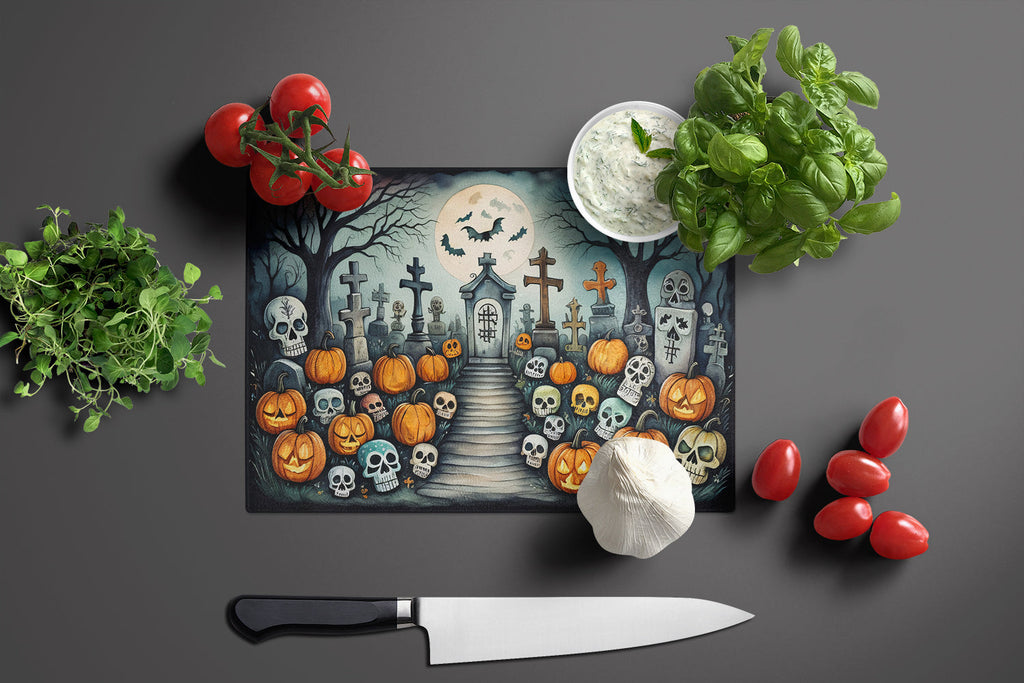 Calaveras Sugar Skulls Spooky Halloween Cutting Board Tempered Glass Kitchen Cutting Surface, Heat Resistant Chopping, Non-Slip Feet, Food Prep & Serving