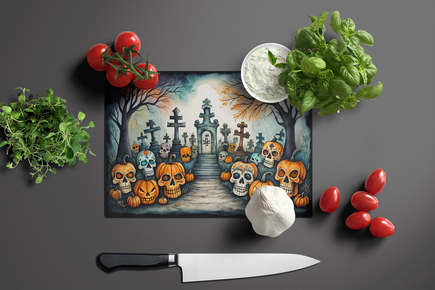 Calaveras Sugar Skulls Spooky Halloween Cutting Board Tempered Glass Kitchen Cutting Surface, Heat Resistant Chopping, Non-Slip Feet, Food Prep & Serving