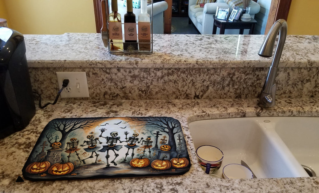 Dancing Skeletons Spooky Halloween Dish Drying Mat Absorbent Dish Drying Mat Pad for Kitchen Counter Dish Drainer Mat for Countertop, 14 x 21", Multicolor