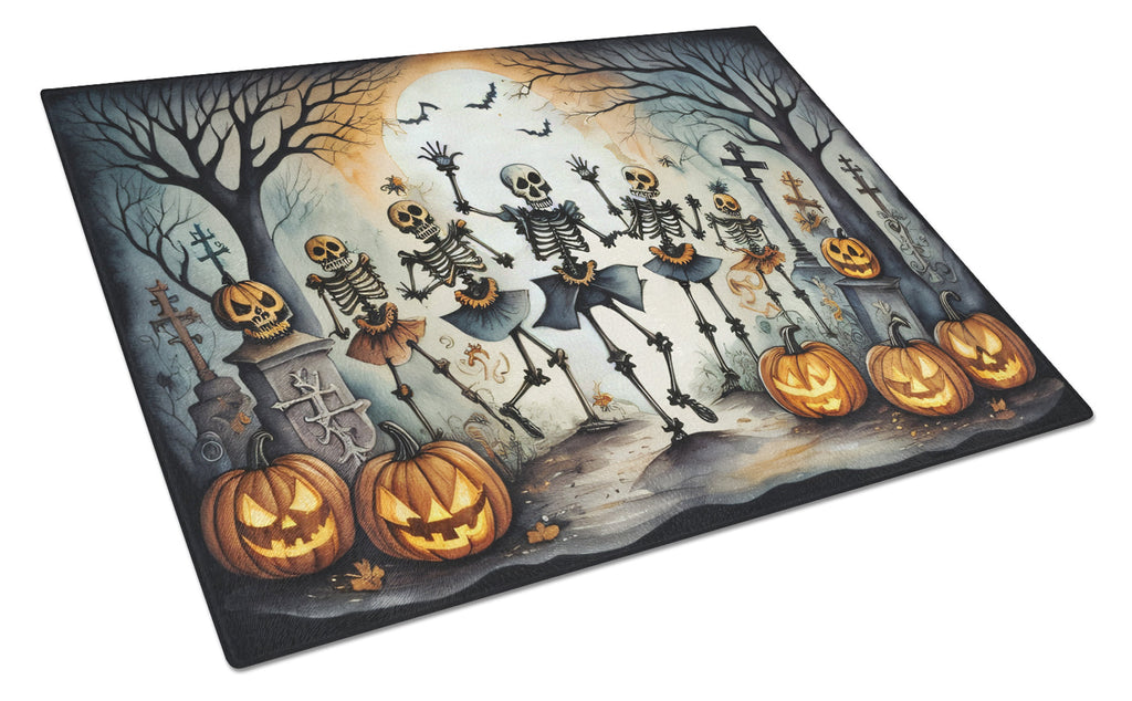 Dancing Skeletons Spooky Halloween Cutting Board Tempered Glass Kitchen Cutting Surface, Heat Resistant Chopping, Non-Slip Feet, Food Prep & Serving