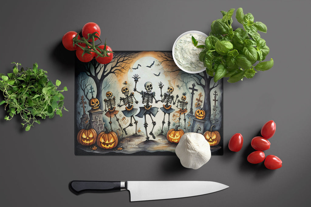 Dancing Skeletons Spooky Halloween Cutting Board Tempered Glass Kitchen Cutting Surface, Heat Resistant Chopping, Non-Slip Feet, Food Prep & Serving