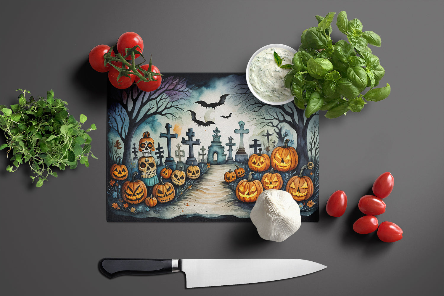Day of the Dead Spooky Halloween Cutting Board Tempered Glass Kitchen Cutting Surface, Heat Resistant Chopping, Non-Slip Feet, Food Prep & Serving