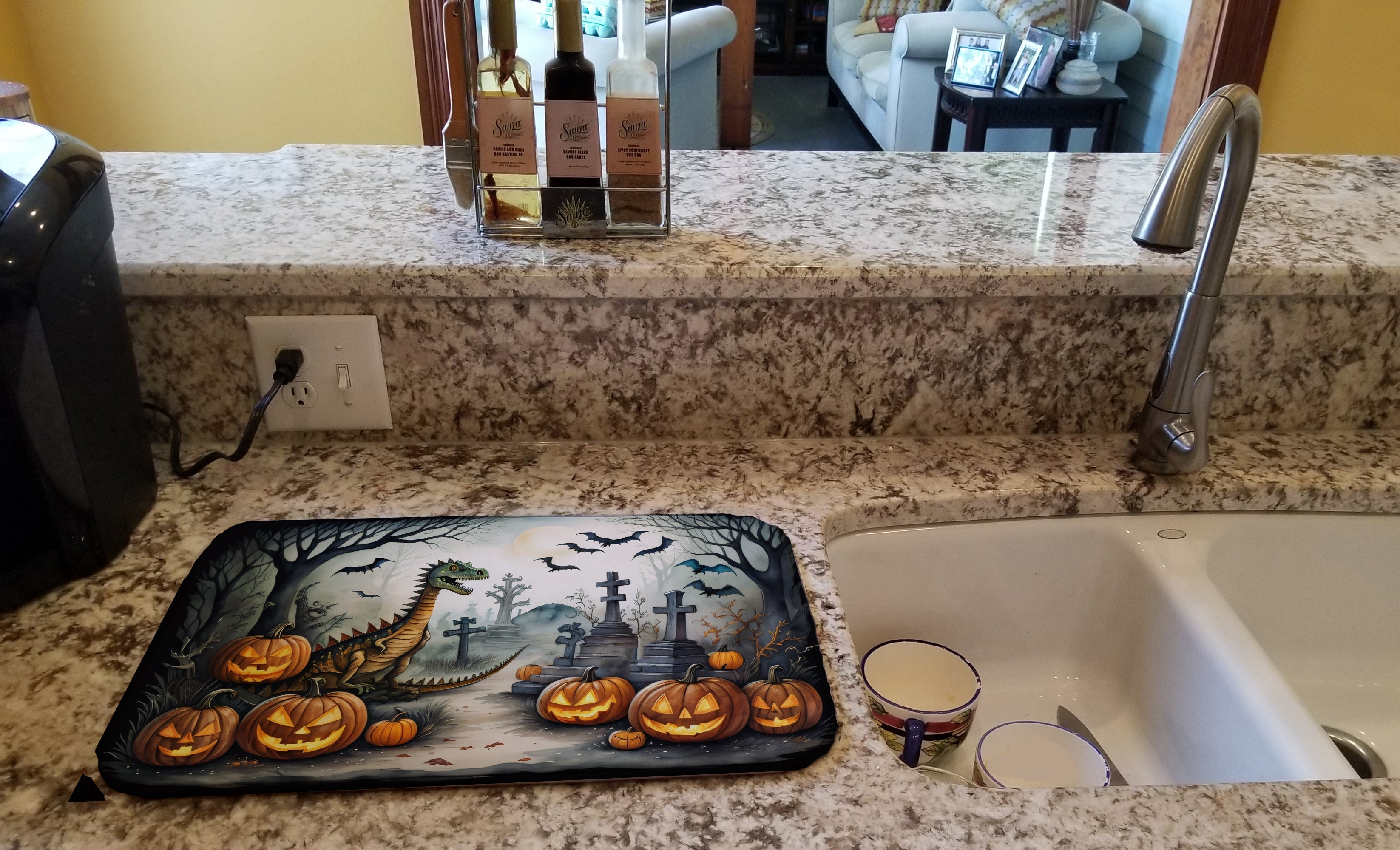 Dinosaurs Spooky Halloween Dish Drying Mat Absorbent Dish Drying Mat Pad for Kitchen Counter Dish Drainer Mat for Countertop, 14 x 21", Multicolor