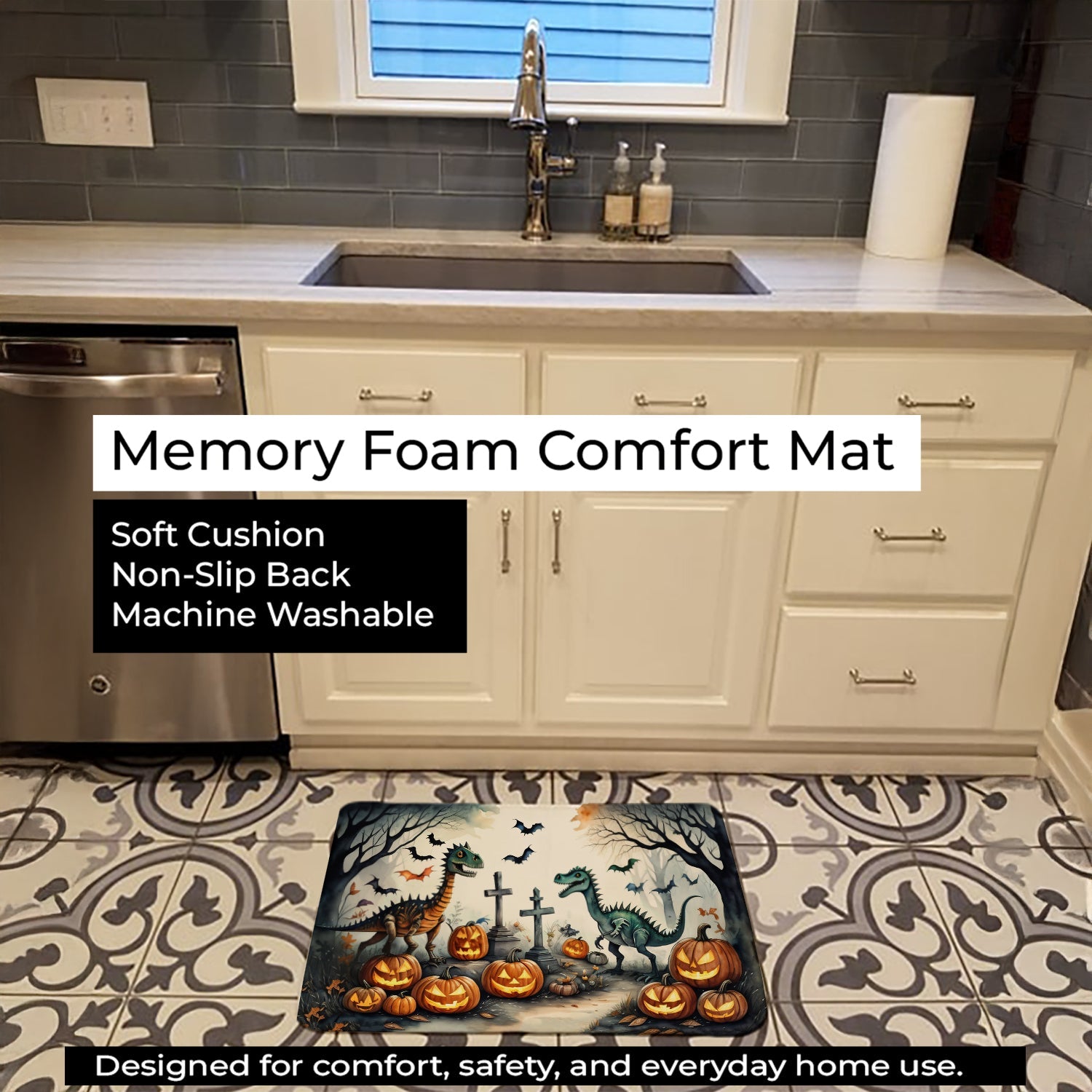 Dinosaurs Spooky Halloween Memory Foam Kitchen Mat Machine Washable Anti-Fatigue Cushion Comfort Bath or Kitchen Rug