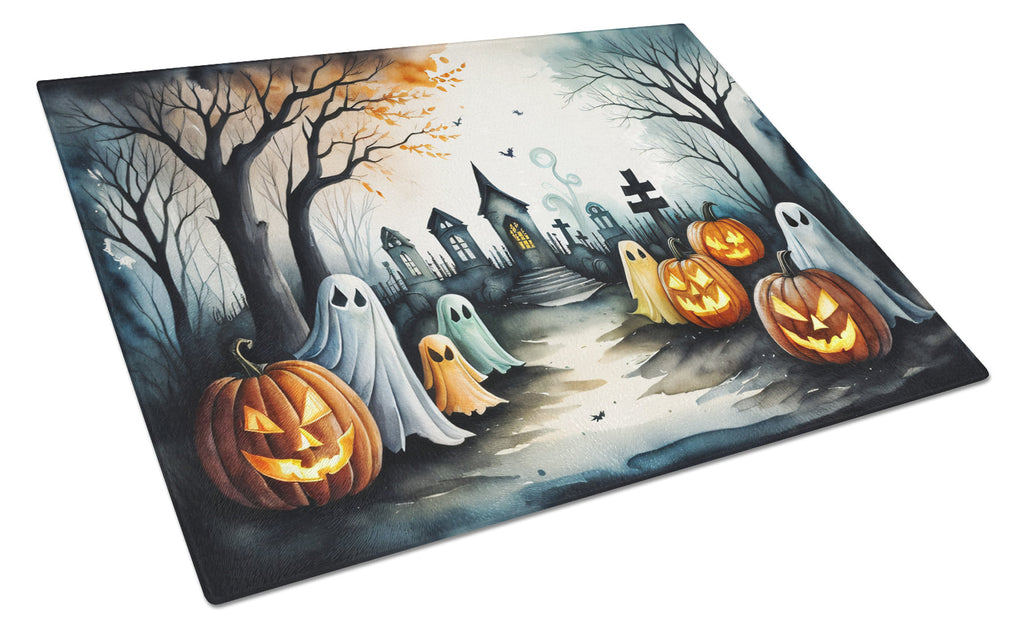 Ghosts Spooky Halloween Cutting Board Tempered Glass Kitchen Cutting Surface, Heat Resistant Chopping, Non-Slip Feet, Food Prep & Serving