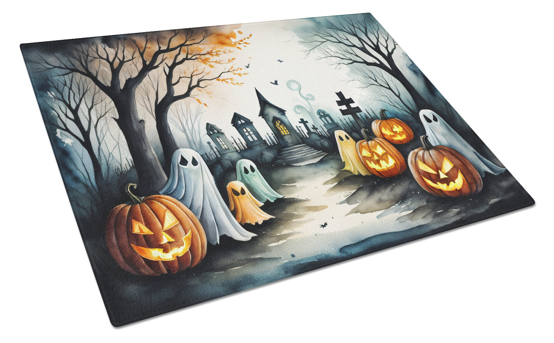Ghosts Spooky Halloween Cutting Board Tempered Glass Kitchen Cutting Surface, Heat Resistant Chopping, Non-Slip Feet, Food Prep & Serving