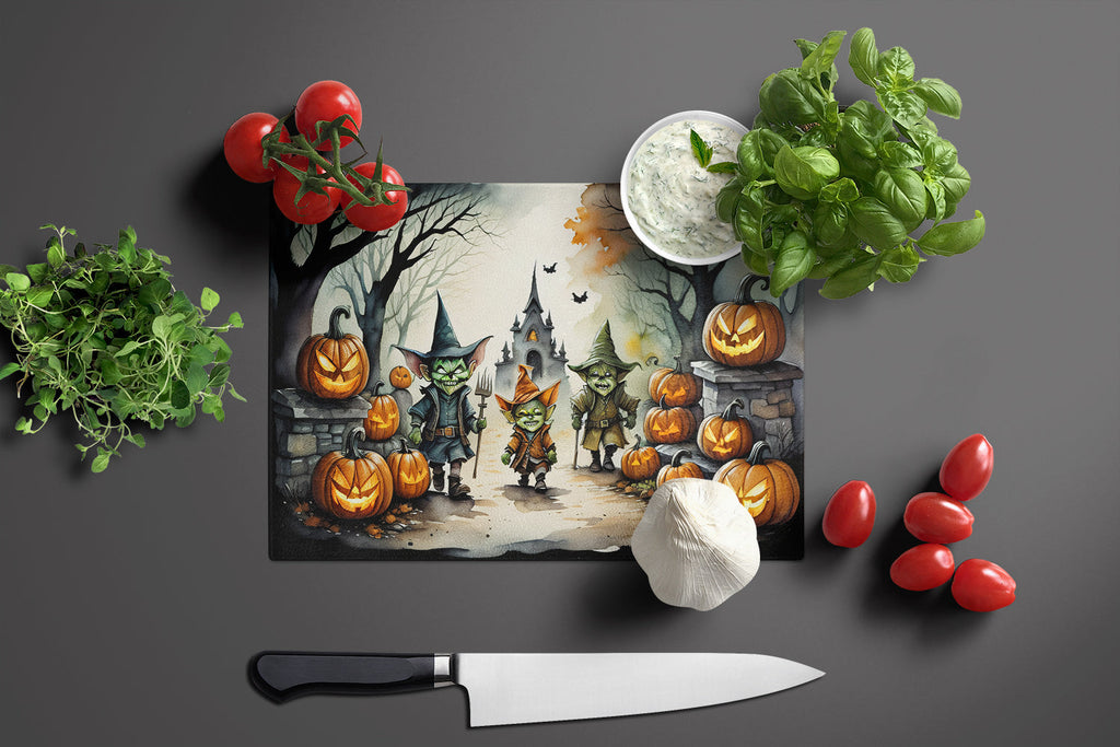 Goblins Spooky Halloween Cutting Board Tempered Glass Kitchen Cutting Surface, Heat Resistant Chopping, Non-Slip Feet, Food Prep & Serving