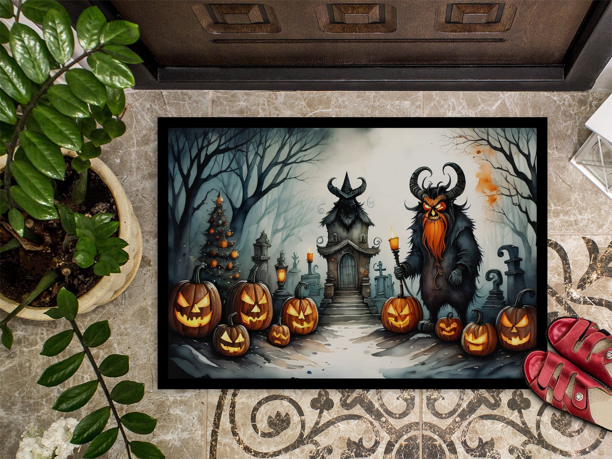 Krampus The Christmas Demon Spooky Halloween Doormat Indoor Outdoor 24H X 36W Front Door Mat Rugs for Entryway, Non Slip Washable Low Pile,