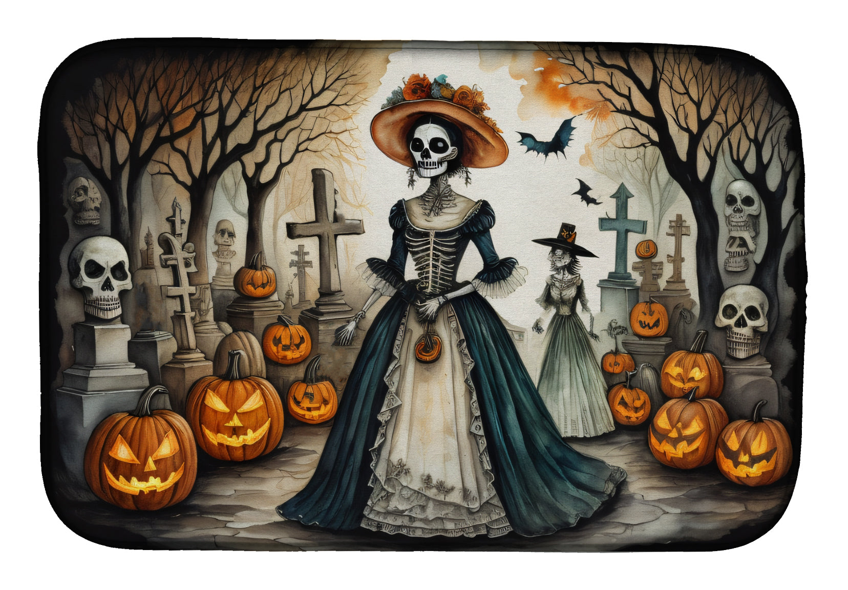 La Catrina Skeleton Spooky Halloween Dish Drying Mat Absorbent Dish Drying Mat Pad for Kitchen Counter Dish Drainer Mat for Countertop, 14 x 21", Multicolor
