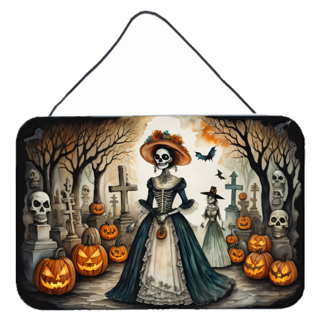 La Catrina Skeleton Spooky Halloween Wall or Door Hanging Prints Aluminum Metal Sign Kitchen Wall Bar Bathroom Plaque Home Decor, 8HX12W, Multicolor