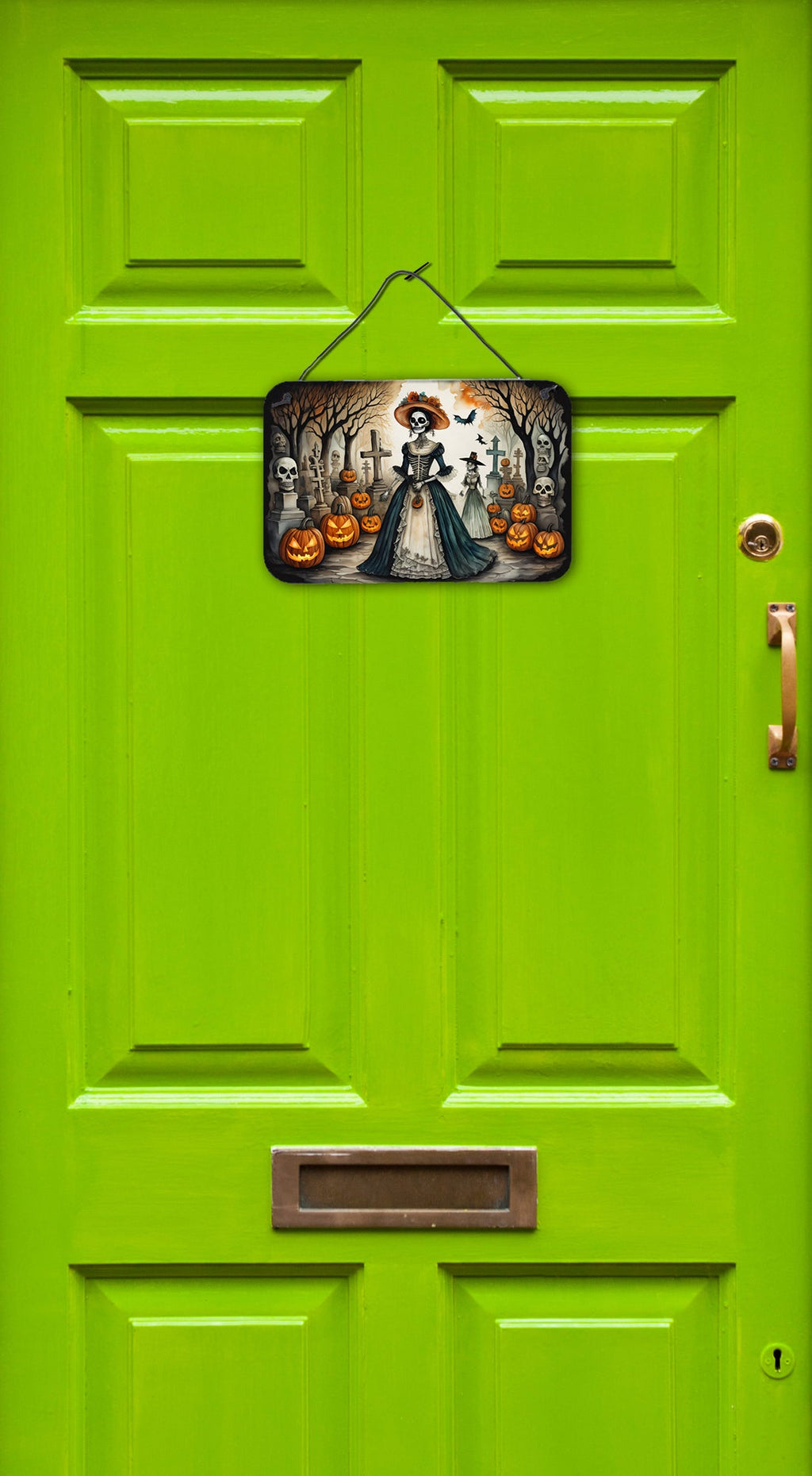 La Catrina Skeleton Spooky Halloween Wall or Door Hanging Prints Aluminum Metal Sign Kitchen Wall Bar Bathroom Plaque Home Decor, 8HX12W, Multicolor