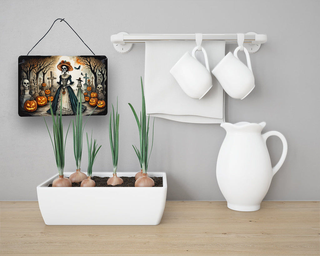 La Catrina Skeleton Spooky Halloween Wall or Door Hanging Prints Aluminum Metal Sign Kitchen Wall Bar Bathroom Plaque Home Decor, 8HX12W, Multicolor