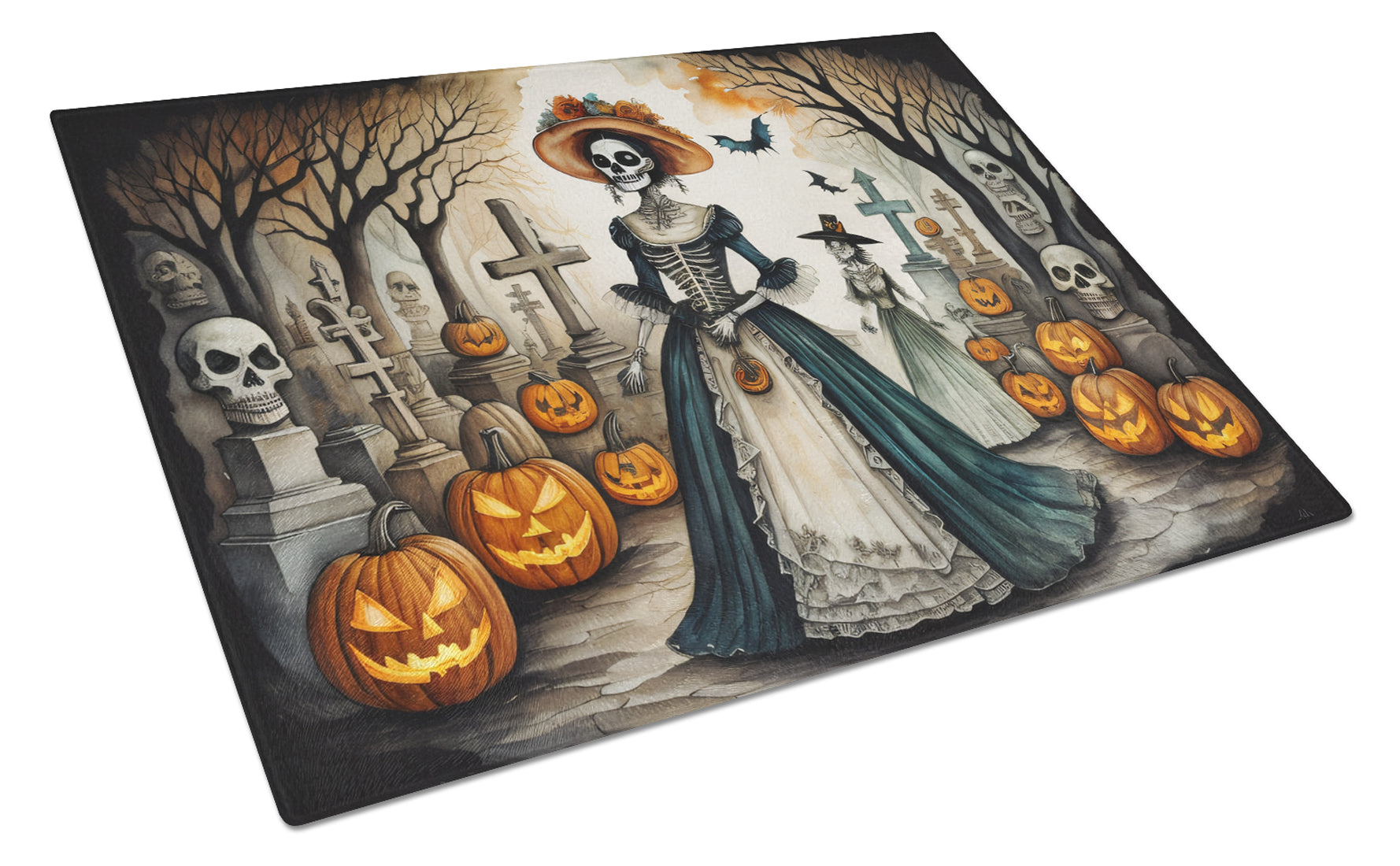 La Catrina Skeleton Spooky Halloween Cutting Board Tempered Glass Kitchen Cutting Surface, Heat Resistant Chopping, Non-Slip Feet, Food Prep & Serving