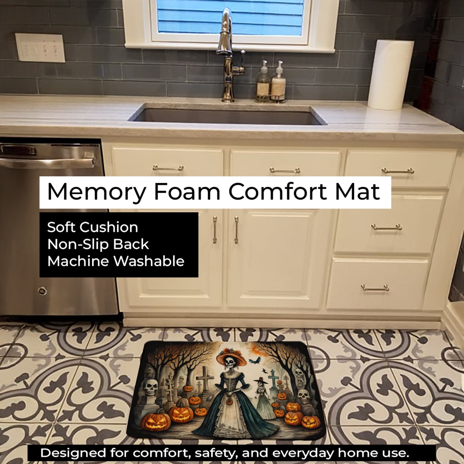 La Catrina Skeleton Spooky Halloween Memory Foam Kitchen Mat Machine Washable Anti-Fatigue Cushion Comfort Bath or Kitchen Rug