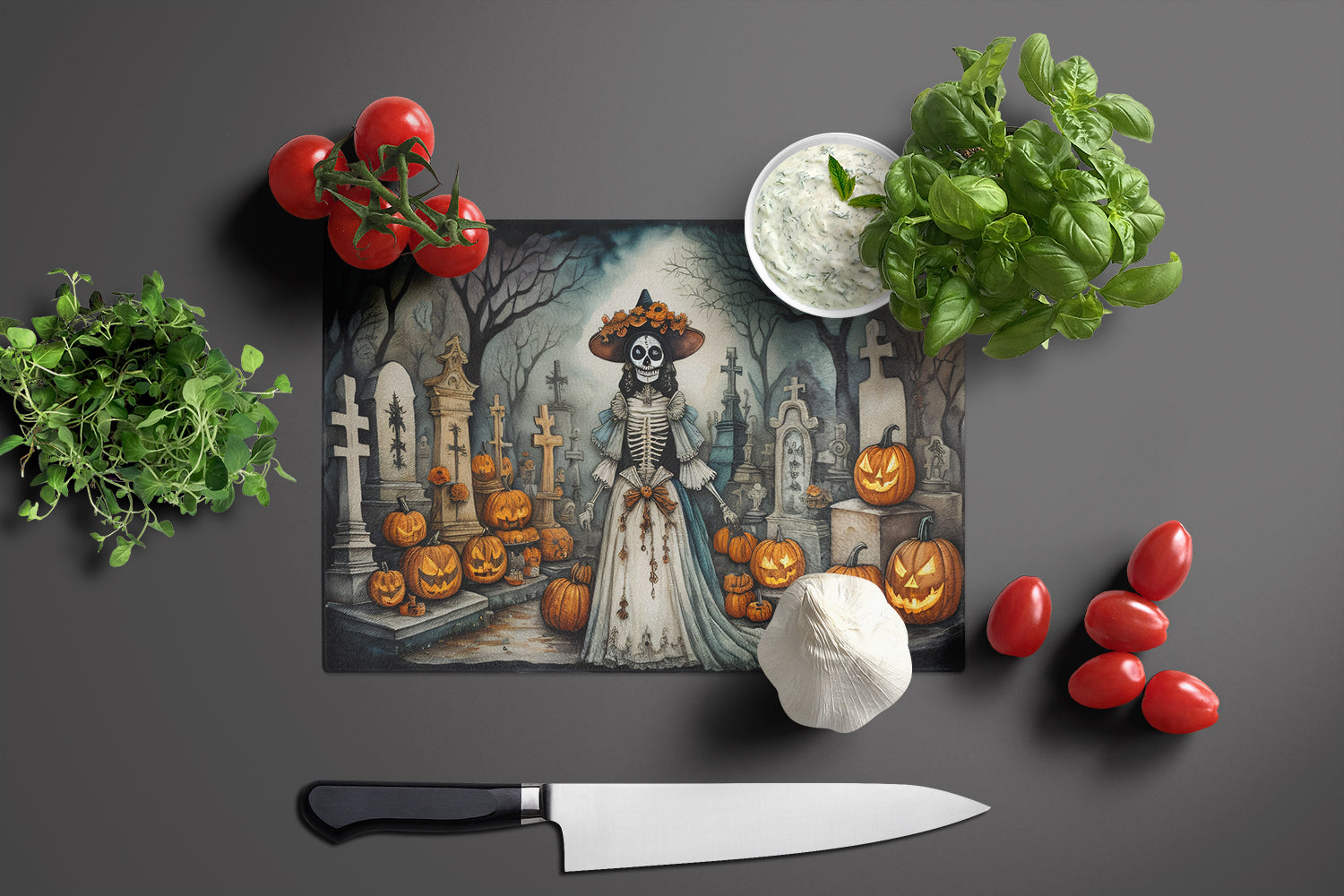 La Catrina Skeleton Spooky Halloween Cutting Board Tempered Glass Kitchen Cutting Surface, Heat Resistant Chopping, Non-Slip Feet, Food Prep & Serving