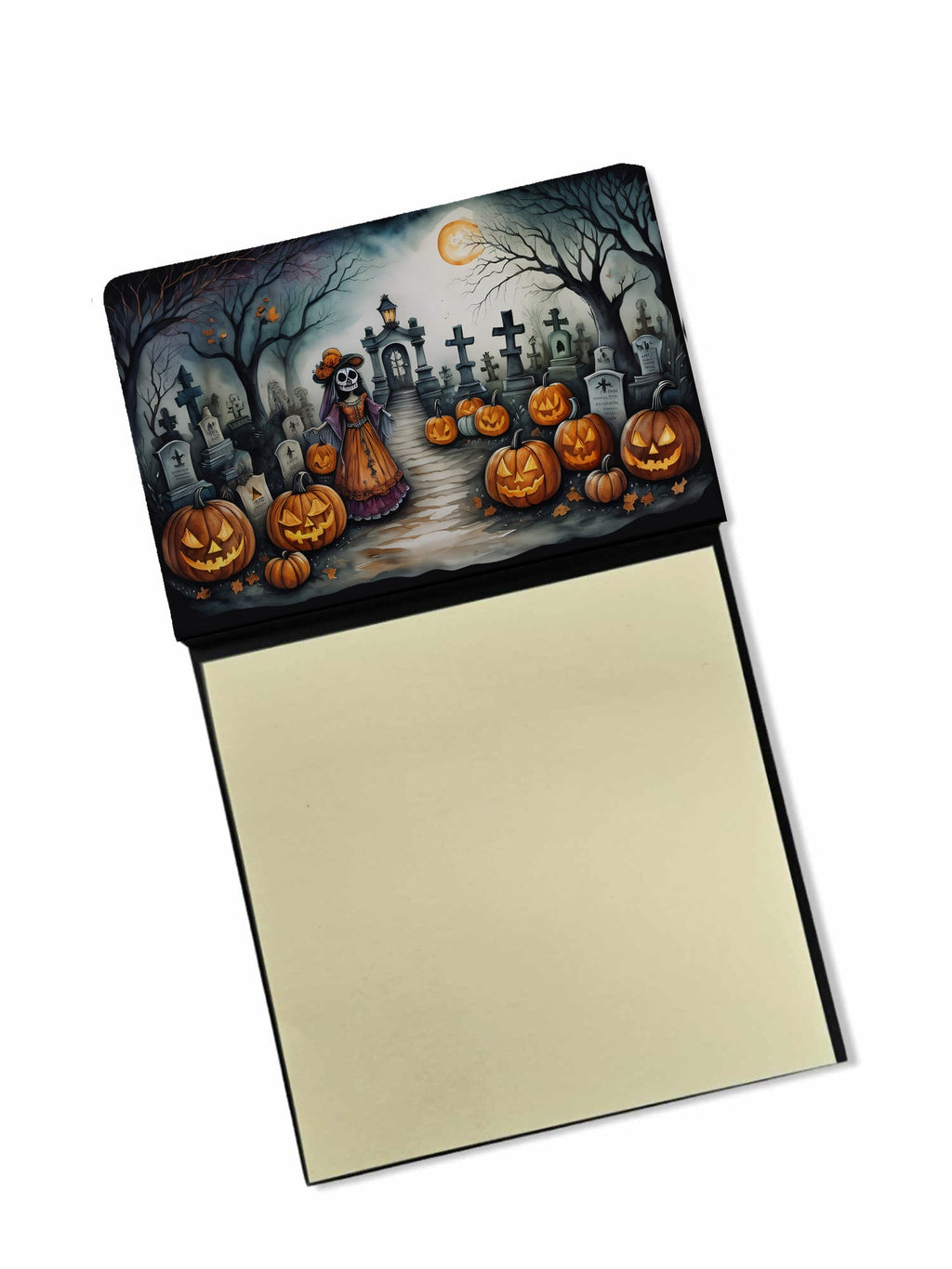 La Catrina Skeleton Spooky Halloween Watercolor Sticky Note Holder Refillable Dispenser Desk Accessory 3x3 Pad Gift