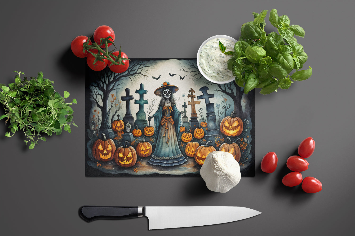 La Catrina Skeleton Spooky Halloween Cutting Board Tempered Glass Kitchen Cutting Surface, Heat Resistant Chopping, Non-Slip Feet, Food Prep & Serving