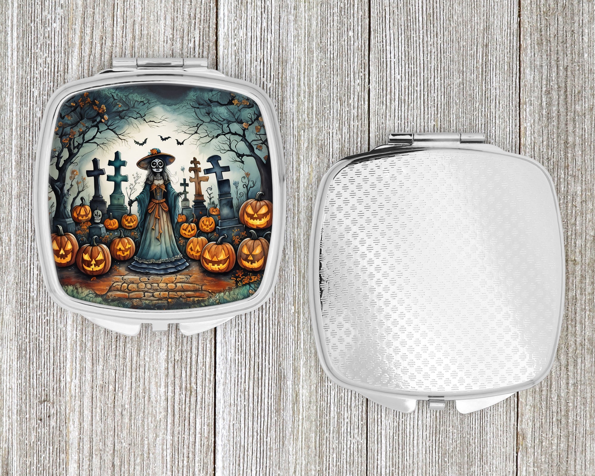 La Catrina Skeleton Spooky Halloween Compact Mirror Decorative Travel Makeup Mirror for Women Girls Gifts Pocket Makeup Mirror Folding Handheld