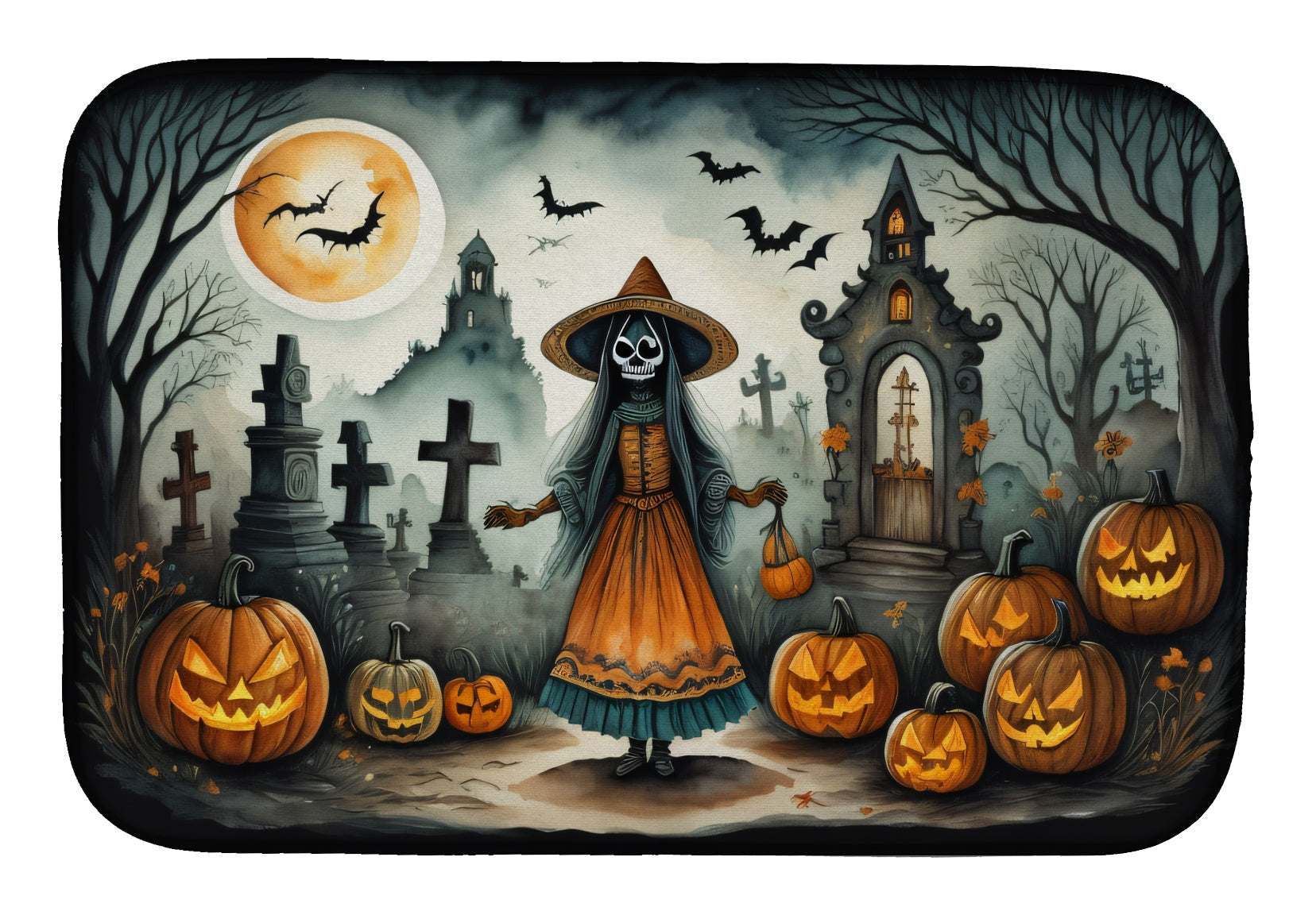 La Llorona Skeleton Spooky Halloween Dish Drying Mat Absorbent Dish Drying Mat Pad for Kitchen Counter Dish Drainer Mat for Countertop, 14 x 21", Multicolor