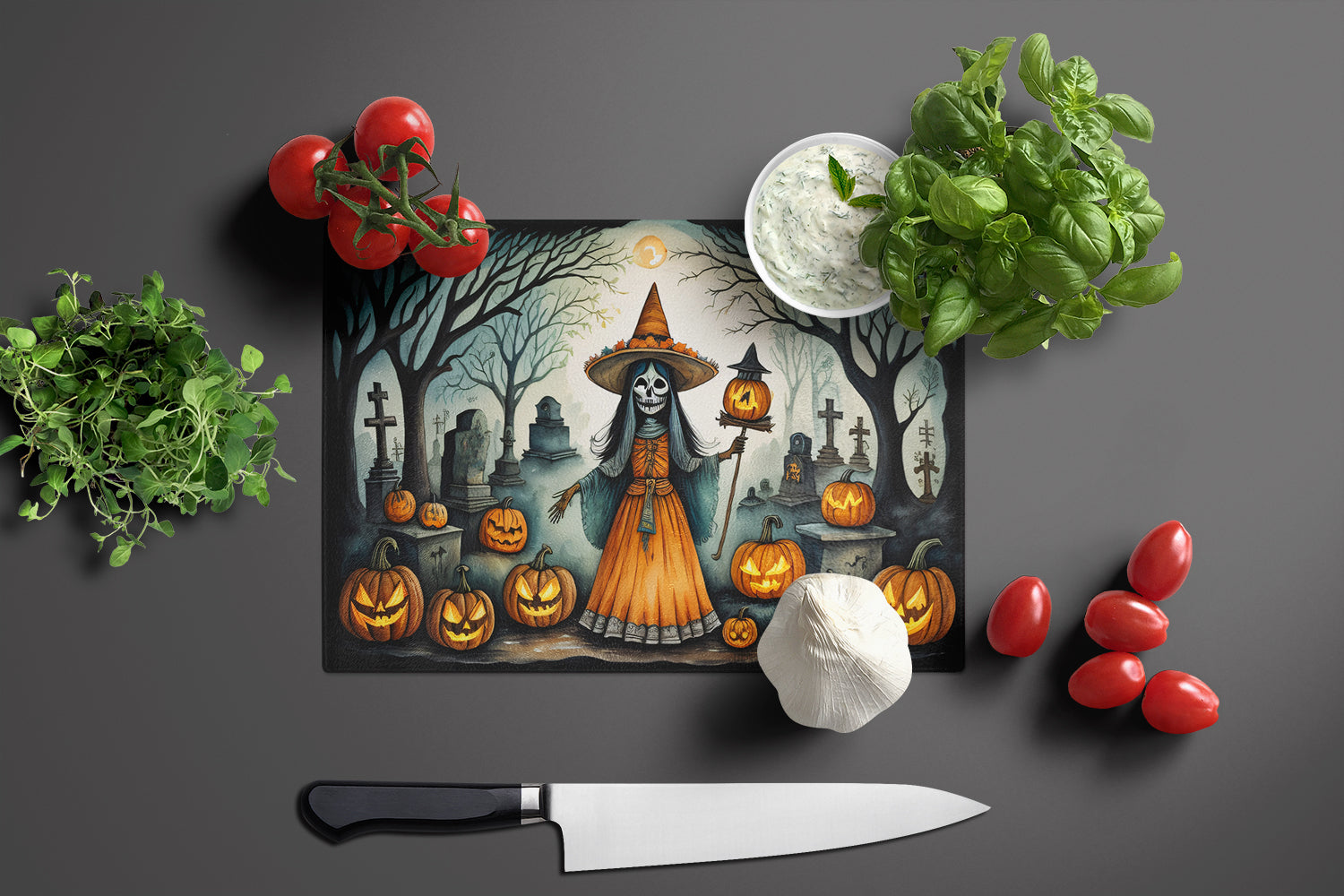 La Llorona Skeleton Spooky Halloween Cutting Board Tempered Glass Kitchen Cutting Surface, Heat Resistant Chopping, Non-Slip Feet, Food Prep & Serving