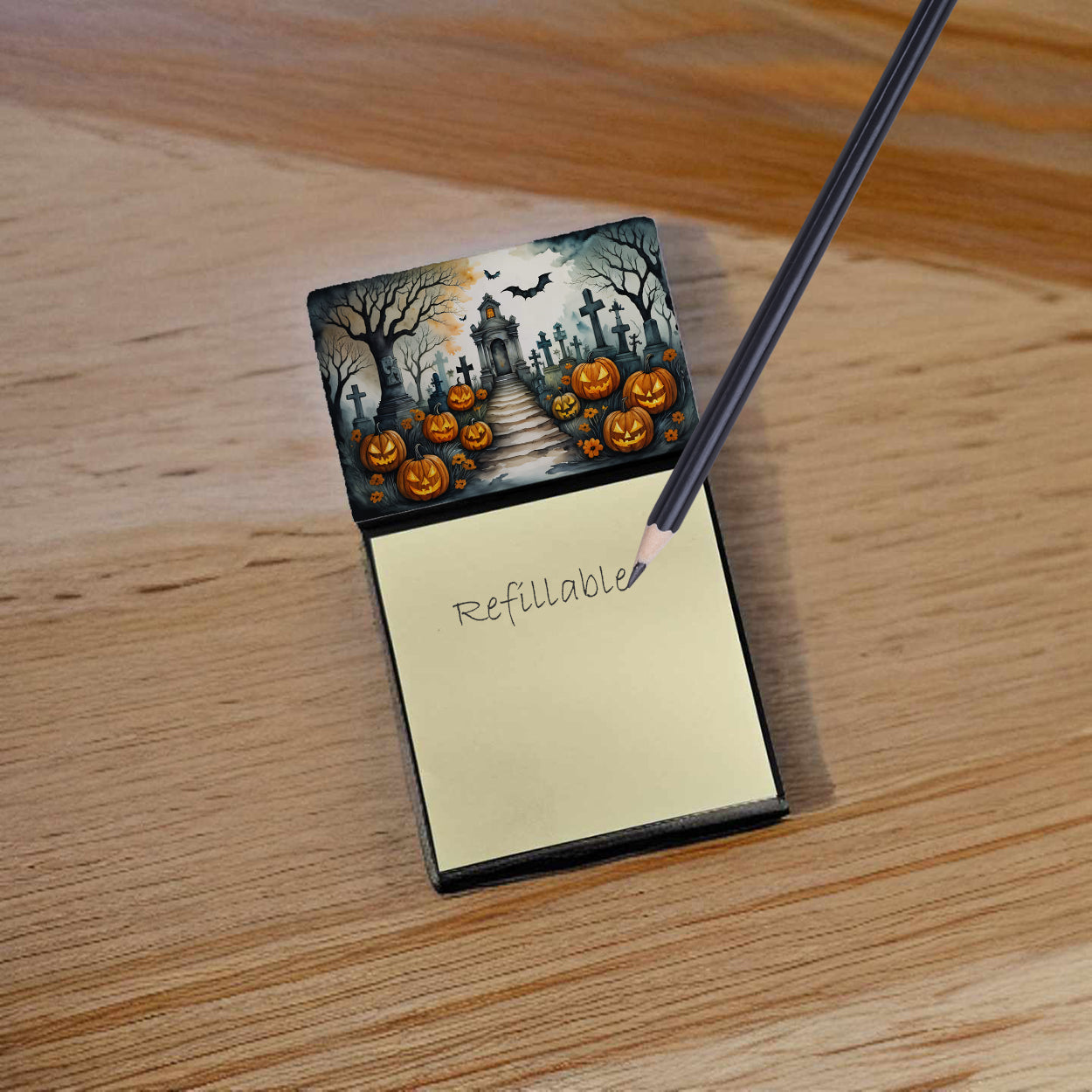 Marigold Spooky Halloween Watercolor Sticky Note Holder Refillable Dispenser Desk Accessory 3x3 Pad Gift