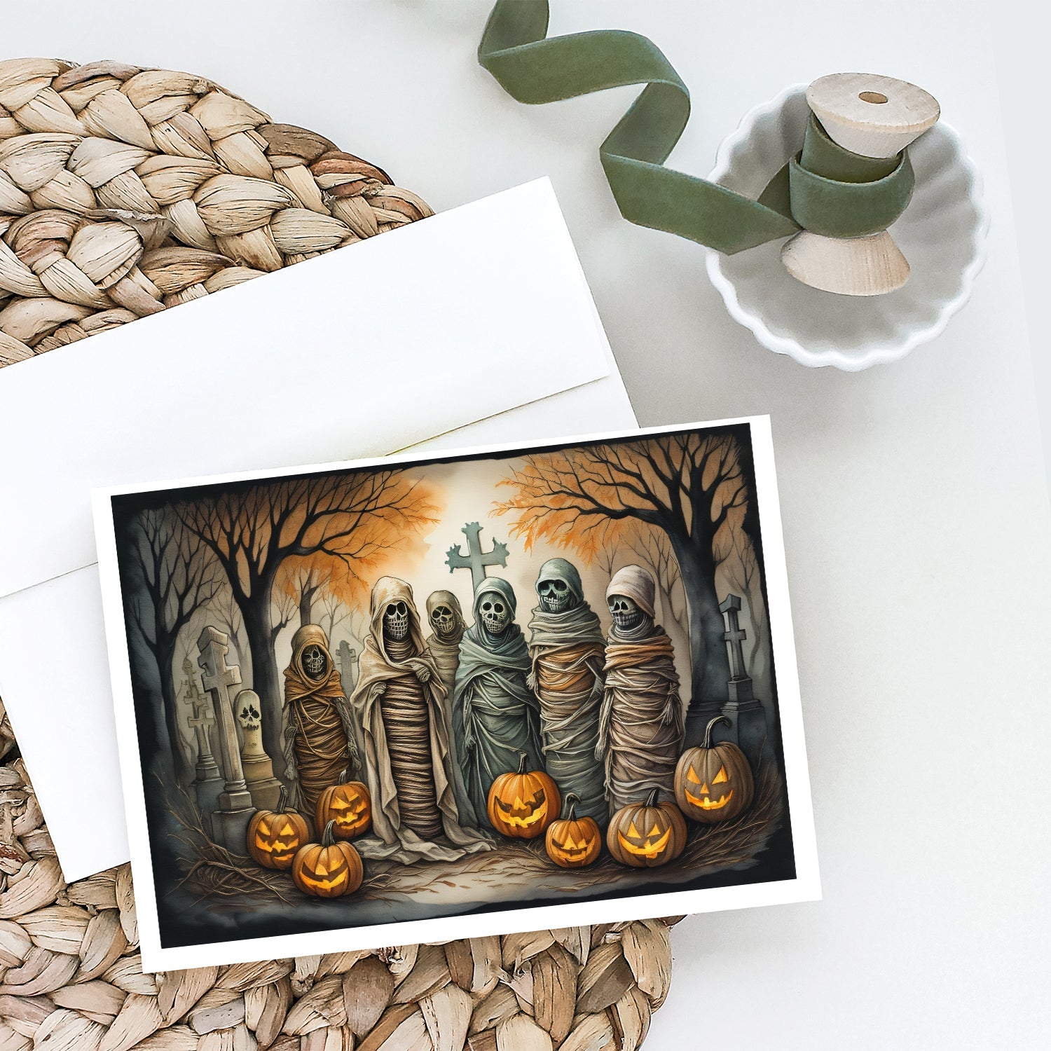 Mummies Spooky Halloween Greeting Cards Pack of 8 Blank Cards with Envelopes Whimsical A7 Size 5x7