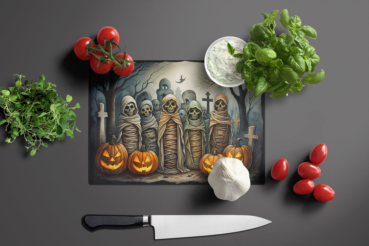 Mummies Spooky Halloween Cutting Board Tempered Glass Kitchen Cutting Surface, Heat Resistant Chopping, Non-Slip Feet, Food Prep & Serving