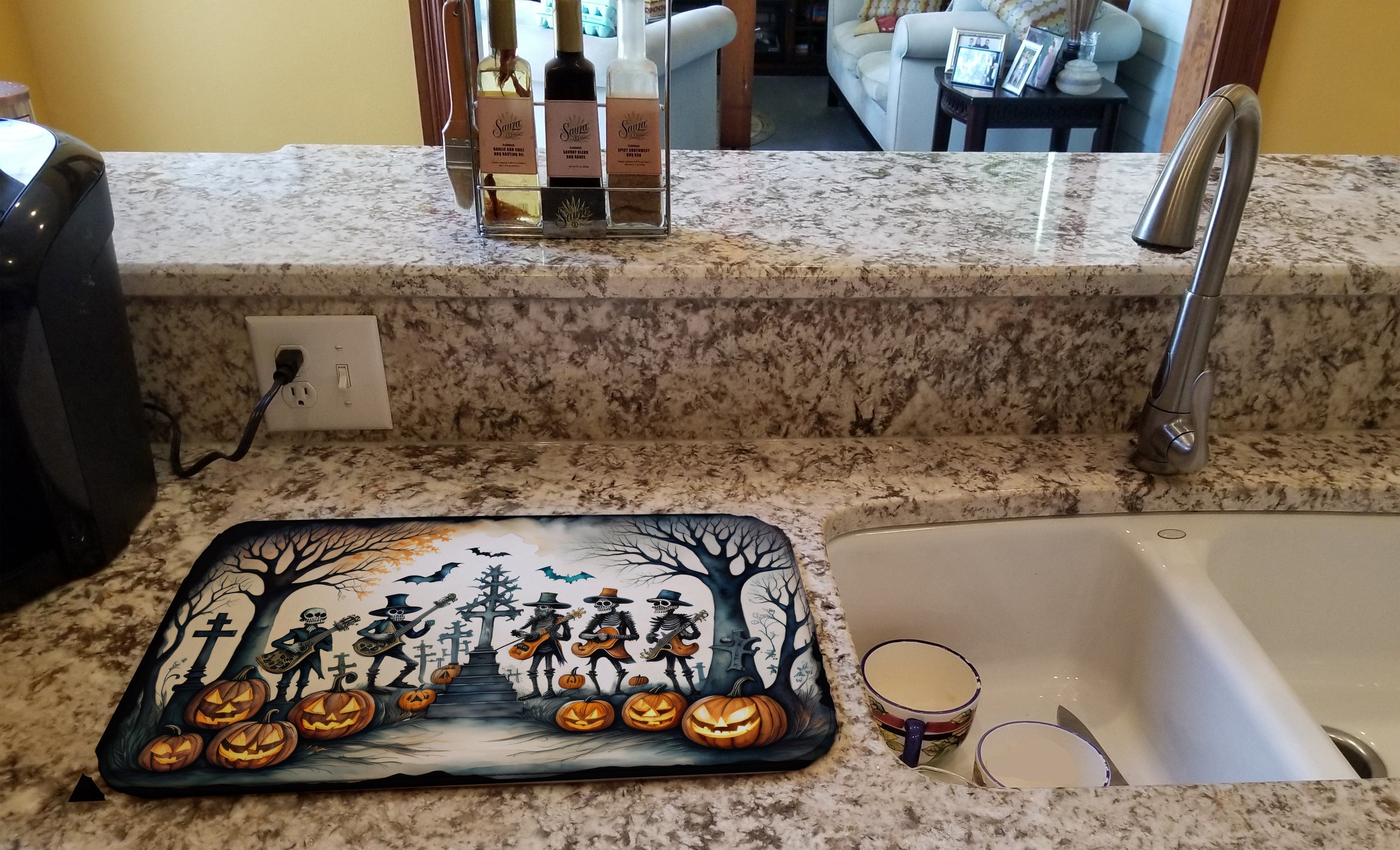 Mariachi Skeleton Band Spooky Halloween Dish Drying Mat Absorbent Dish Drying Mat Pad for Kitchen Counter Dish Drainer Mat for Countertop, 14 x 21", Multicolor