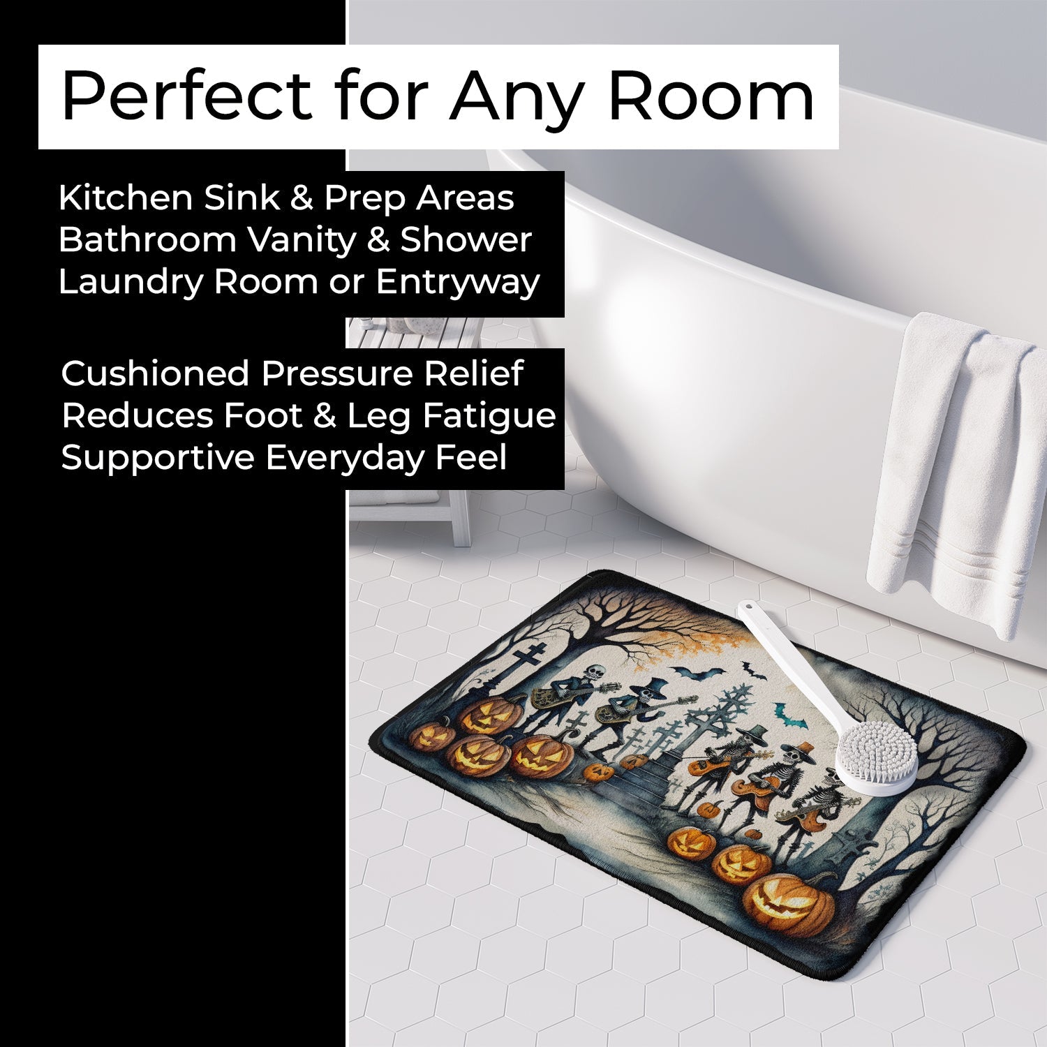 Mariachi Skeleton Band Spooky Halloween Memory Foam Kitchen Mat Machine Washable Anti-Fatigue Cushion Comfort Bath or Kitchen Rug