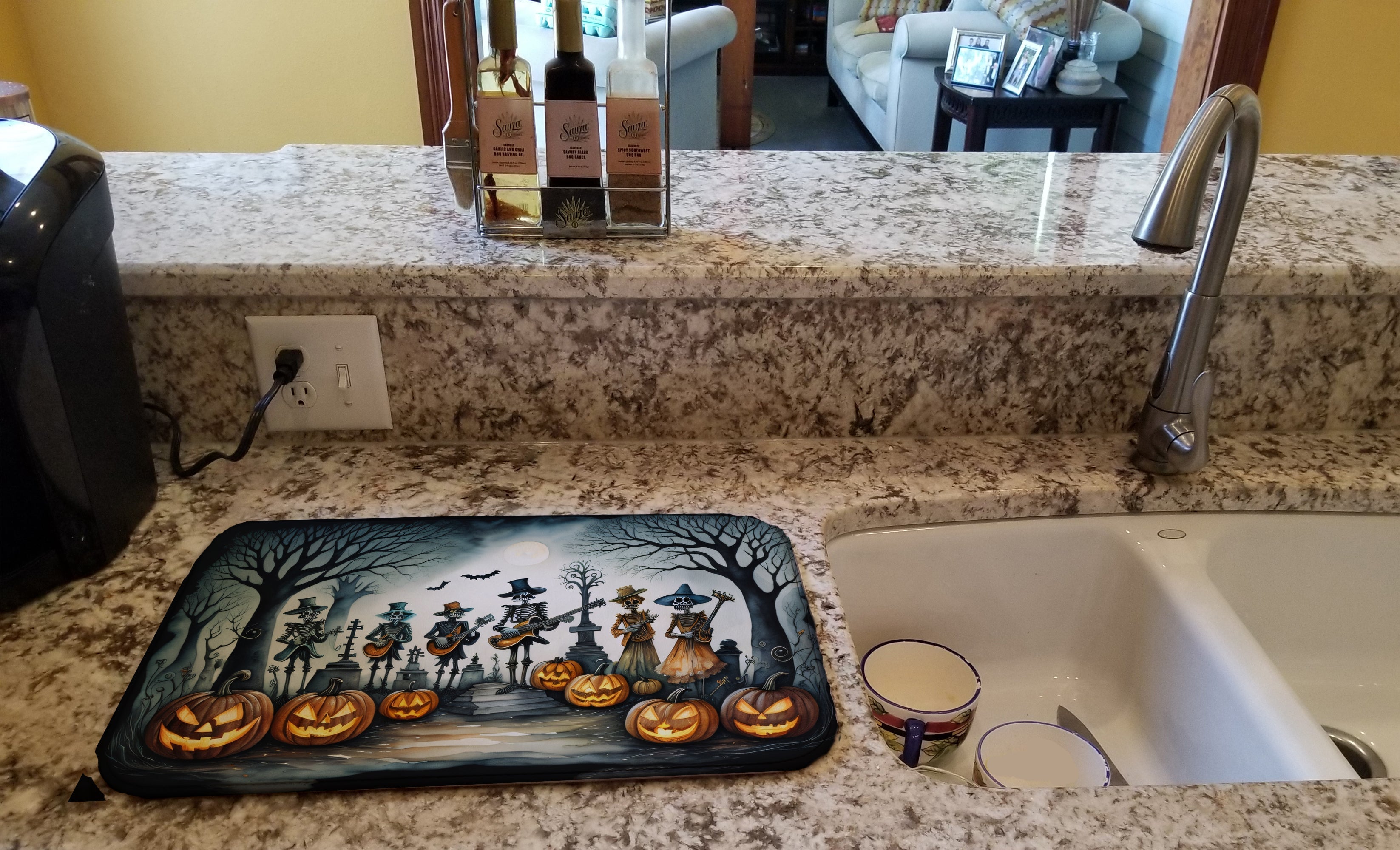 Mariachi Skeleton Band Spooky Halloween Dish Drying Mat Absorbent Dish Drying Mat Pad for Kitchen Counter Dish Drainer Mat for Countertop, 14 x 21", Multicolor