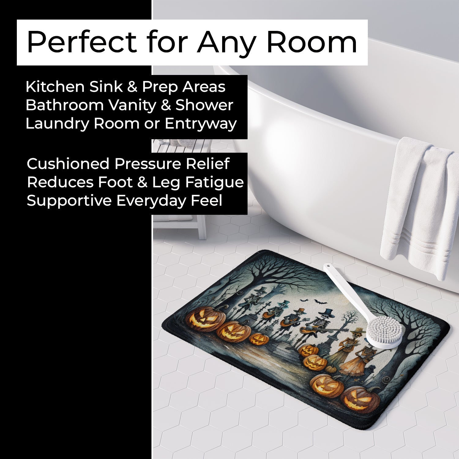 Mariachi Skeleton Band Spooky Halloween Memory Foam Kitchen Mat Machine Washable Anti-Fatigue Cushion Comfort Bath or Kitchen Rug
