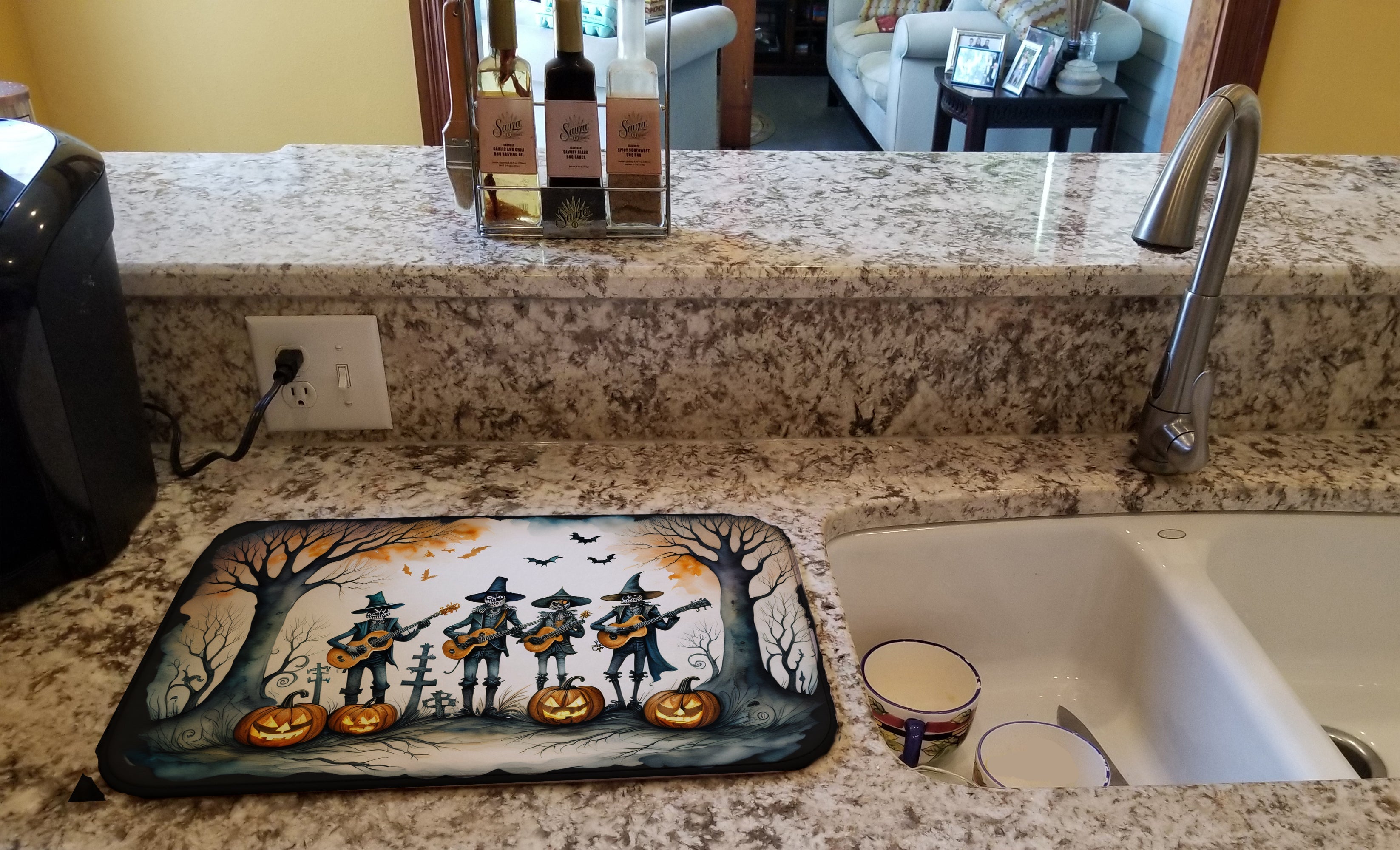 Mariachi Skeleton Band Spooky Halloween Dish Drying Mat Absorbent Dish Drying Mat Pad for Kitchen Counter Dish Drainer Mat for Countertop, 14 x 21", Multicolor