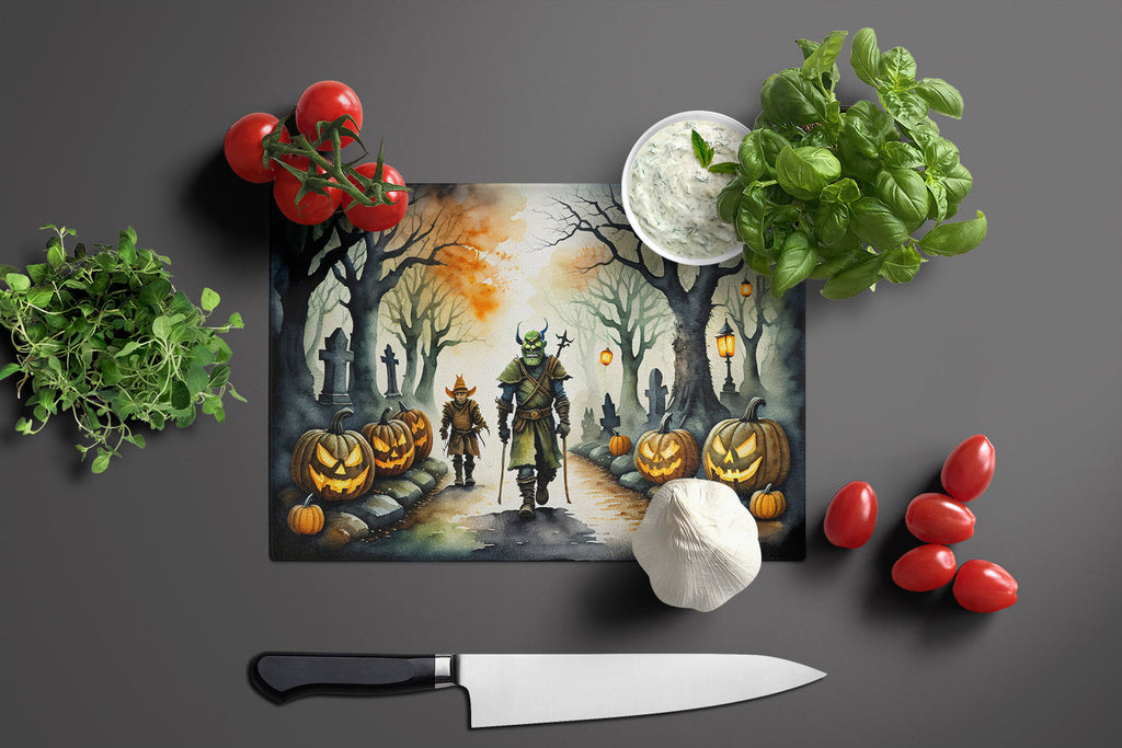 Orcs Spooky Halloween Cutting Board Tempered Glass Kitchen Cutting Surface, Heat Resistant Chopping, Non-Slip Feet, Food Prep & Serving