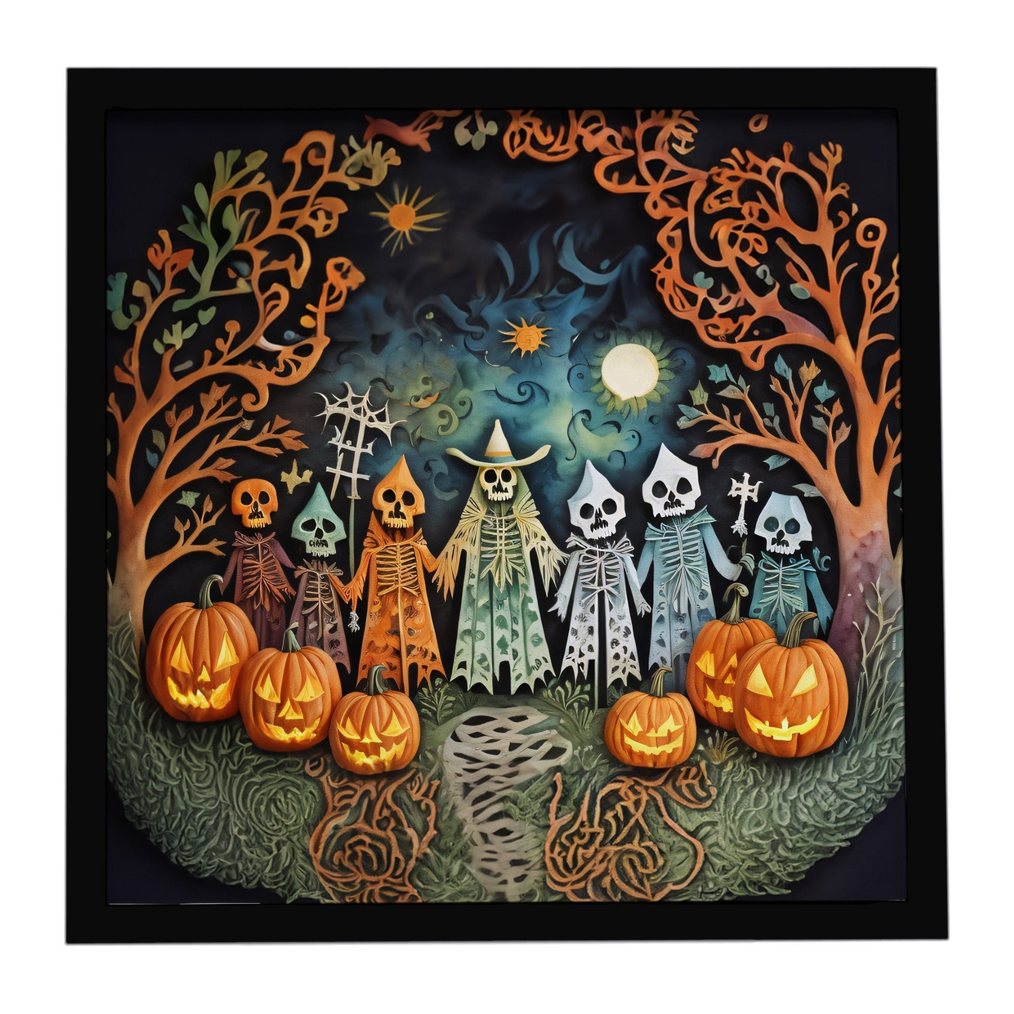 Papel Picado Skeletons Spooky Halloween Framed Metal Print Bathroom, Kitchen, Office, Home Decor Wall Art Ready to Hang, Square, 8X8