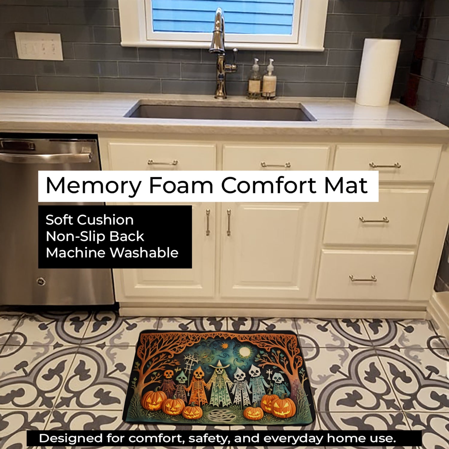 Papel Picado Skeletons Spooky Halloween Memory Foam Kitchen Mat Machine Washable Anti-Fatigue Cushion Comfort Bath or Kitchen Rug