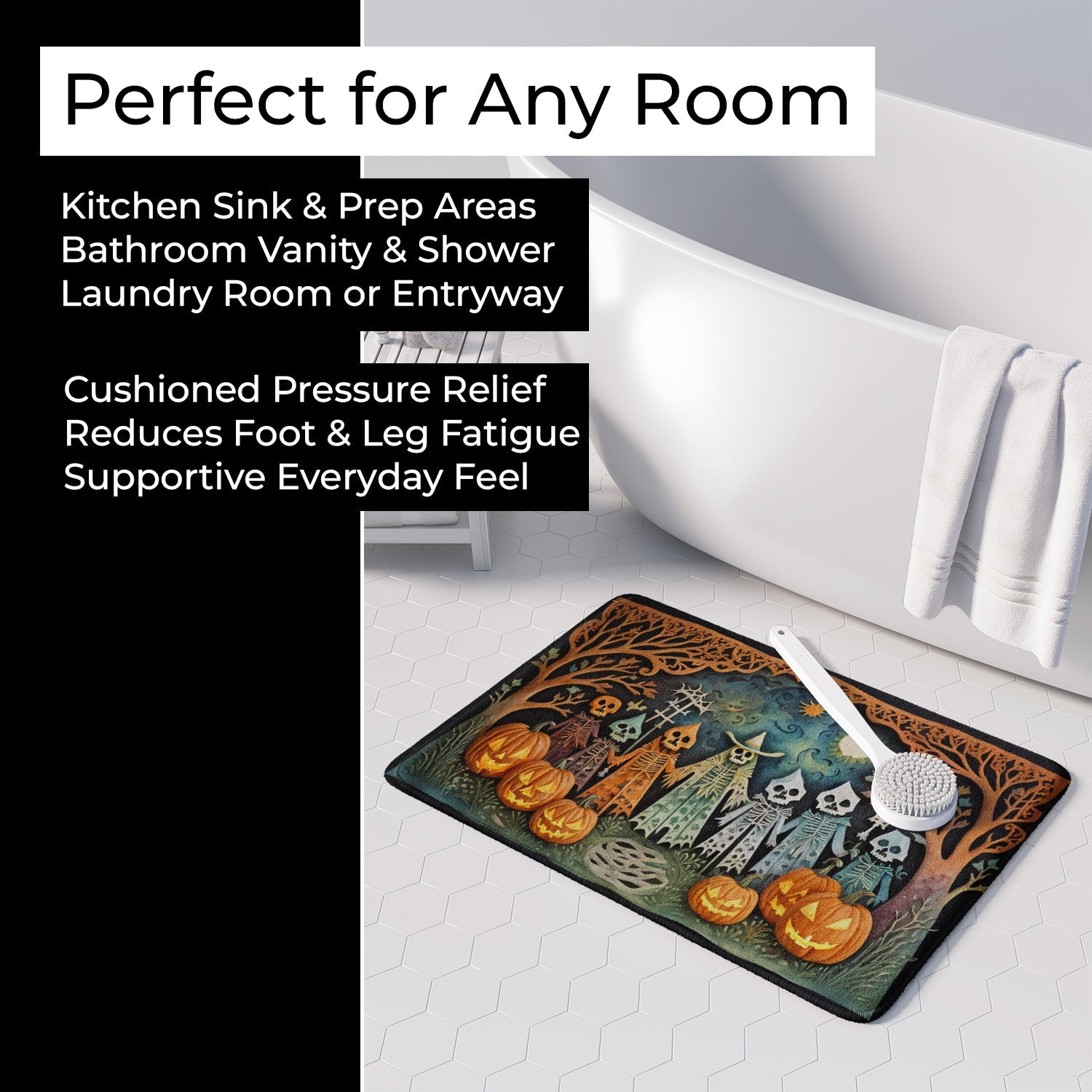 Papel Picado Skeletons Spooky Halloween Memory Foam Kitchen Mat Machine Washable Anti-Fatigue Cushion Comfort Bath or Kitchen Rug