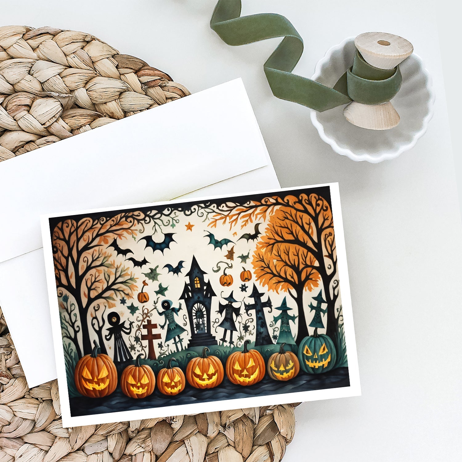 Papel Picado Skeletons Spooky Halloween Greeting Cards Pack of 8 Blank Cards with Envelopes Whimsical A7 Size 5x7
